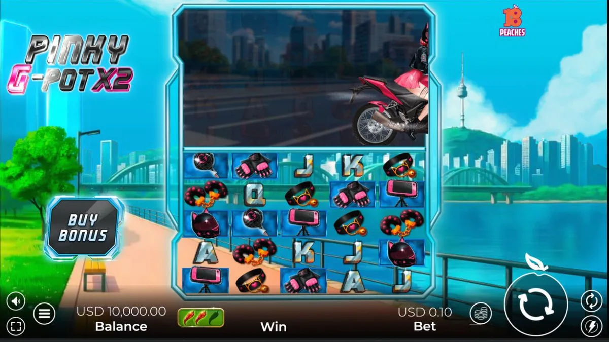 Tampilan neon futuristik dari slot Pinky G-Pot X2 dengan elemen motor dan budaya Seoul
