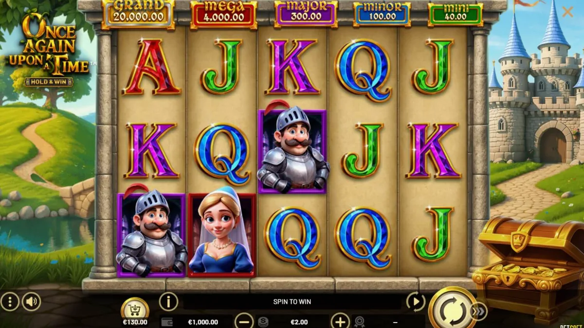 Pemandangan visual slot Once Again Upon A Time dengan latar belakang kastil dan naga