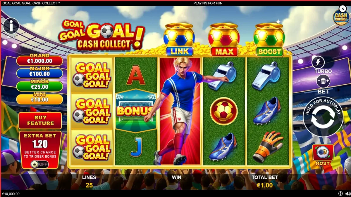 Tampilan visual slot Goal Goal Goal: Cash Collect dengan latar belakang stadion sepak bola yang megah.